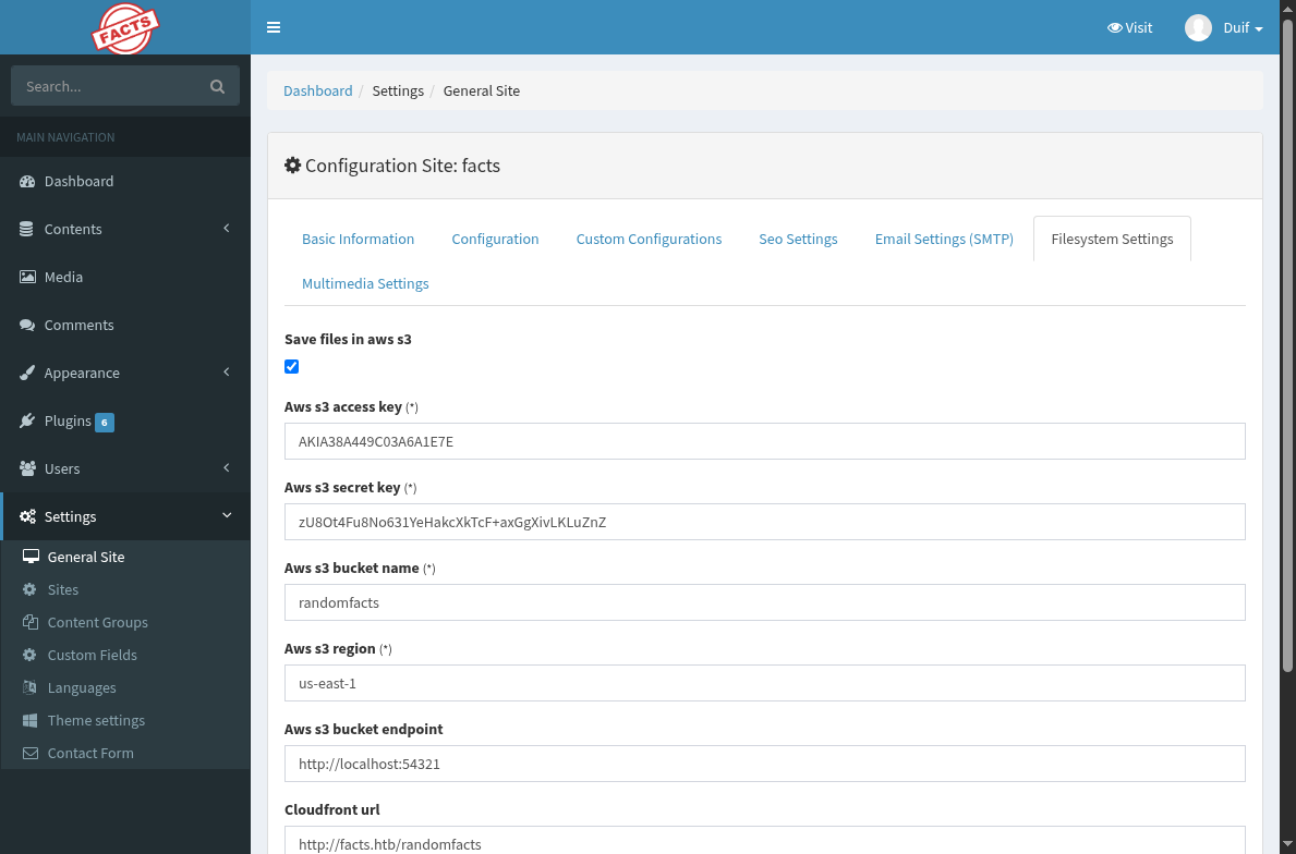 facts.htb admin settings site