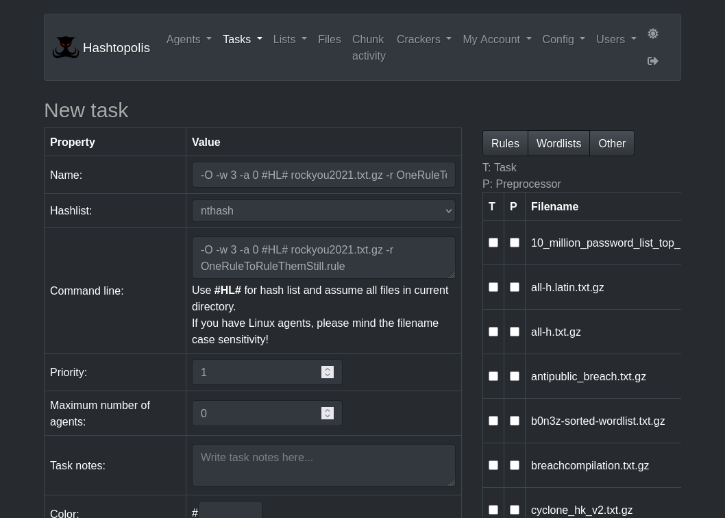 hashtopolis tasks new task